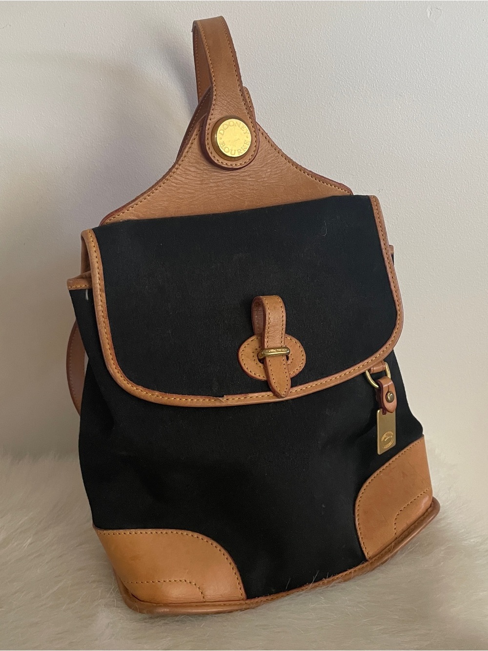 Vintage Dooney & Bourke Two-Tone Leather Trim Backpack - Black tan